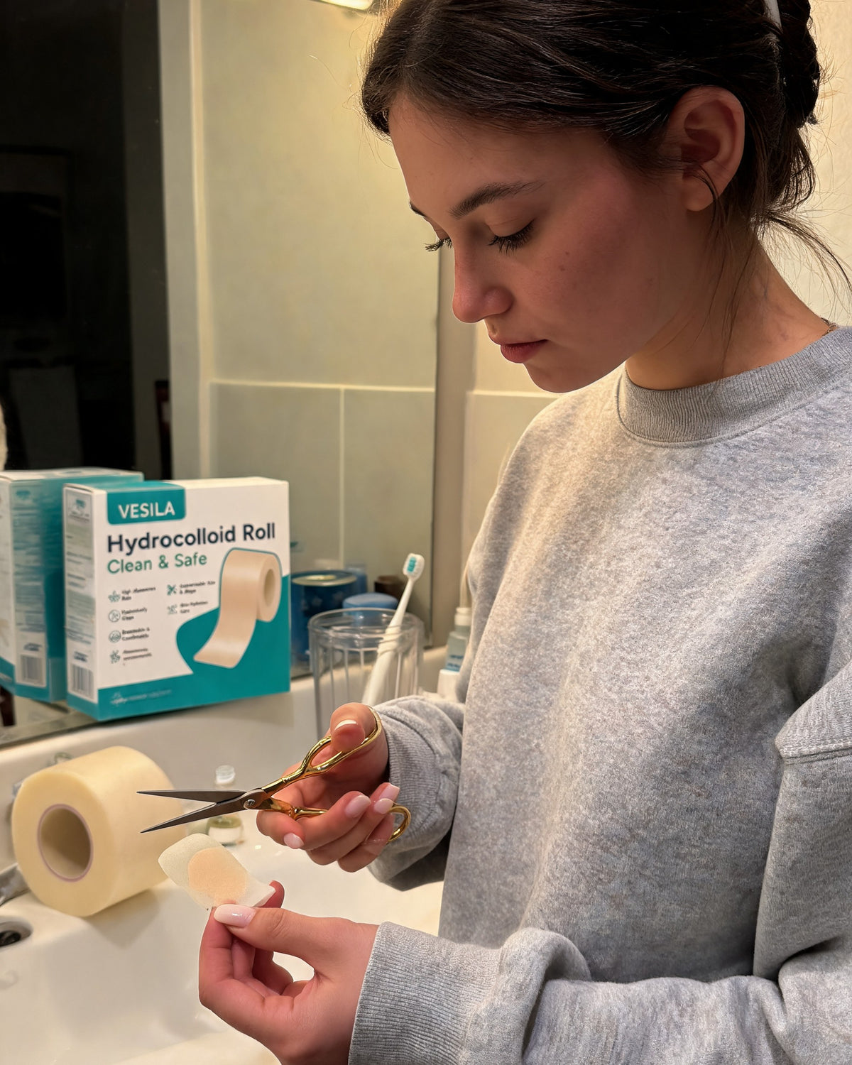 Woman cutting a pimple patch to size from the Vesila ClearCut roll