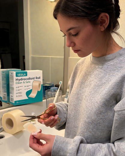 Woman cutting a pimple patch to size from the Vesila ClearCut roll
