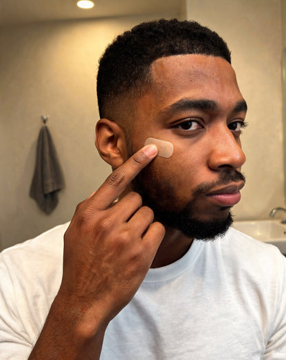 Man pressing a cut hydrocolloid patch onto his cheek