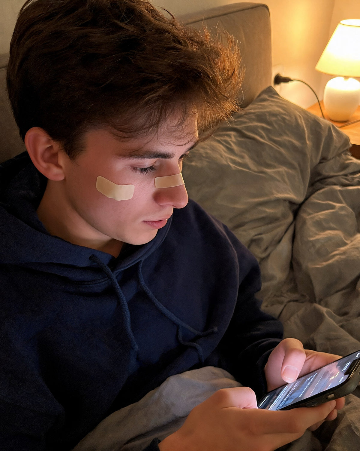 Man relaxing in bed wearing ClearCut patches overnight